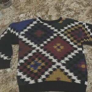 VINTAGE PERRY ELLIS HAND KNIT SWEATER 100% COTTON PUZZLE PIECE  MEN SZ L WOMEN X